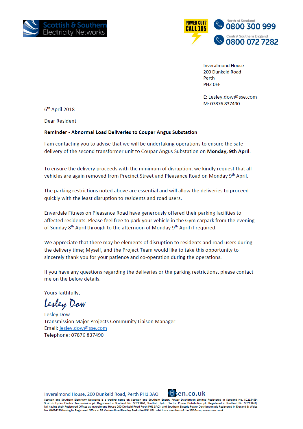 picture of letter from Scottish and Southern, asking residents of Precinct Street and Pleasance Road to move their cars to allow easy passage of a second transformer on Monday 9th April 2018.