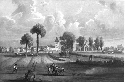 Old engraving of Coupar Angus, circa 1800, showing the Tollbooth Steeple and the old Abbey Church.
